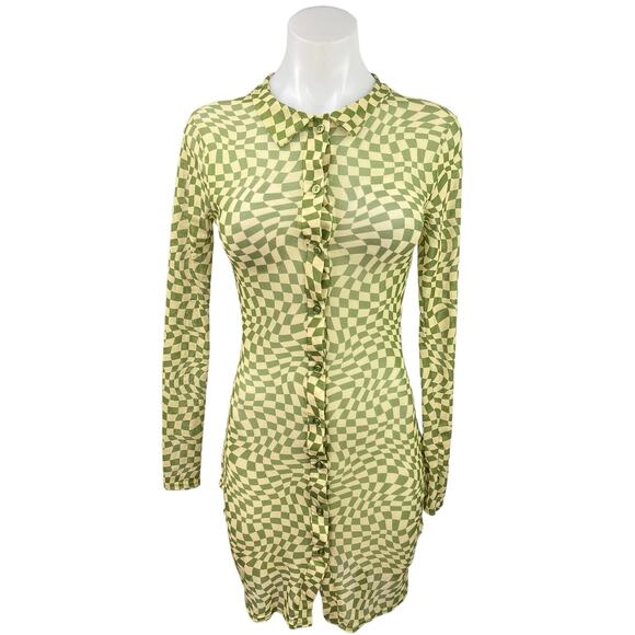 Daisy Street Green White Checkered Mesh Long Sleeve Sheer Bodycon Mini Dress 4 - Picture 1 of 5